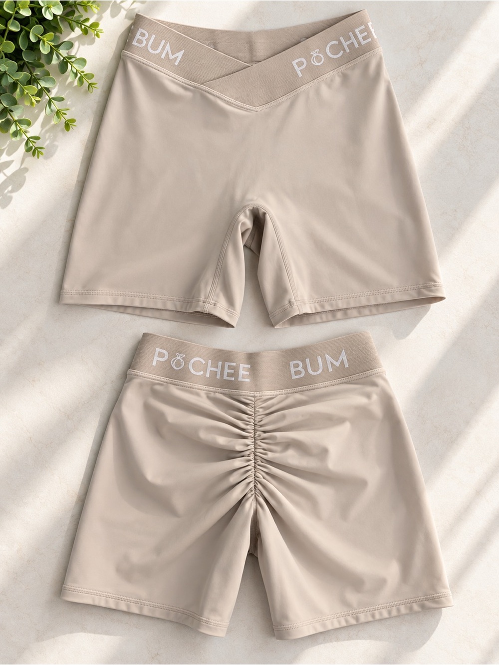 Pchee Bum Beige Ruched Scrunch Back Bike Shorts L